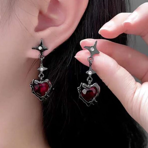 Ruby Heart Cross Earrings