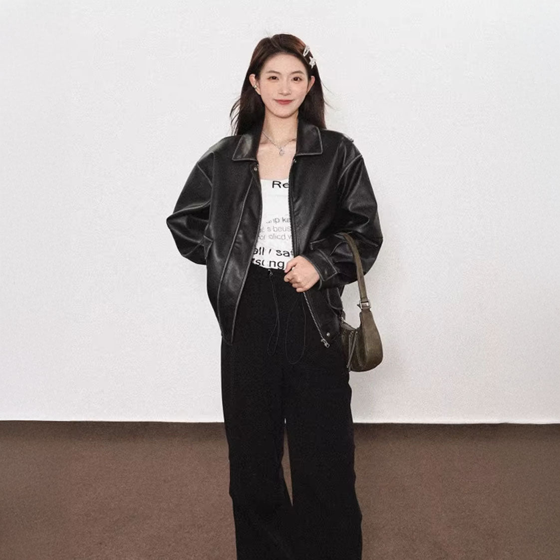 Vintage Distressed Oversized Faux Leather Jacket