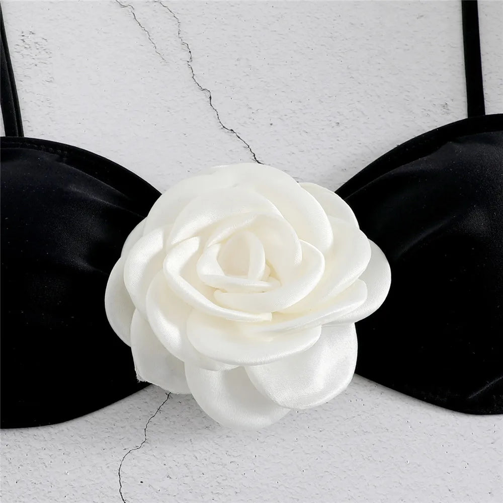 White Rose Bandeau Bikini Swimsuit