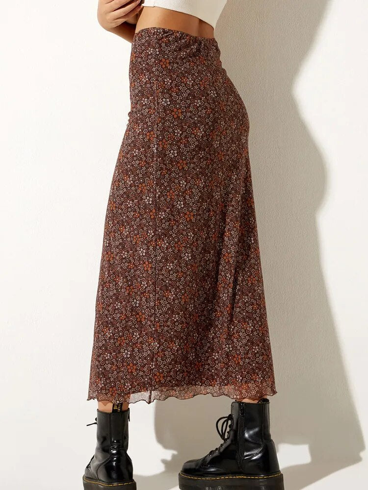 Vintage Floral Long Mesh Skirt