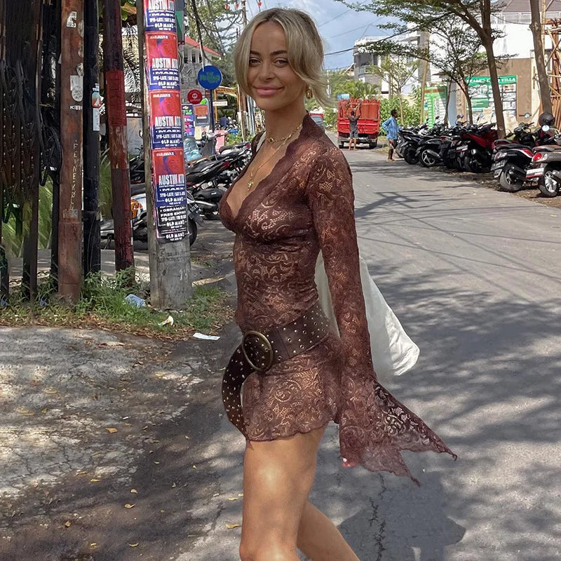 Y2k Lace V Neck Long Sleeve Mini Dress