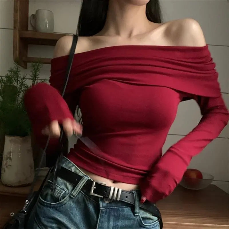 Spicy Cherry Off Shoulder Knit Top