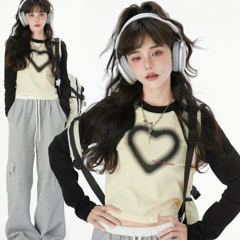 Y2k Heart Graffiti Long Sleeve Top