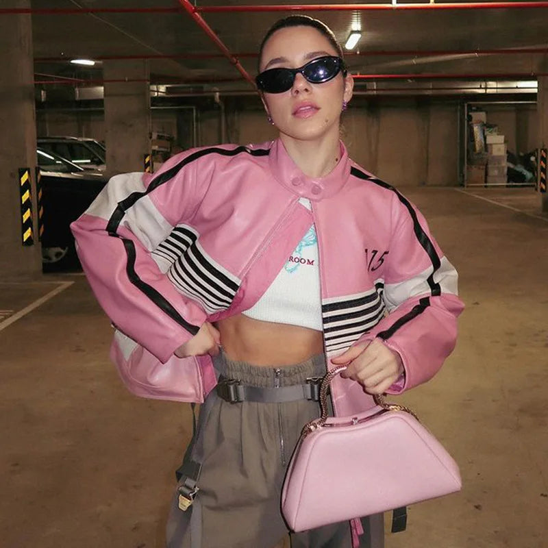 Y2K Striped Pink Biker Jacket