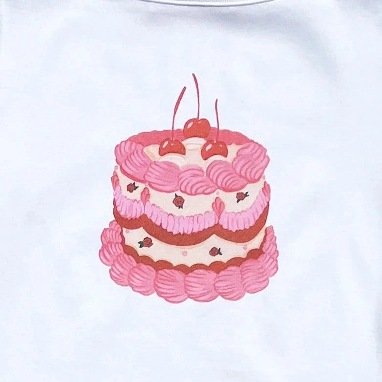 Retro Cake Print Crew Neck Baby Tee