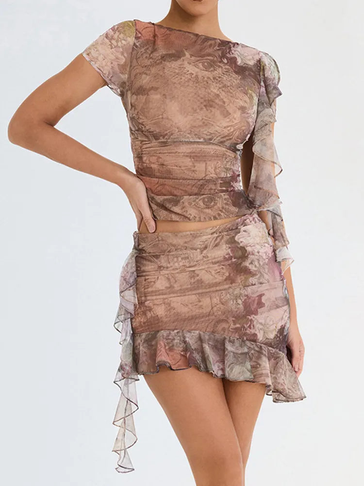 Vintage Print Ruffled Co-ord Set