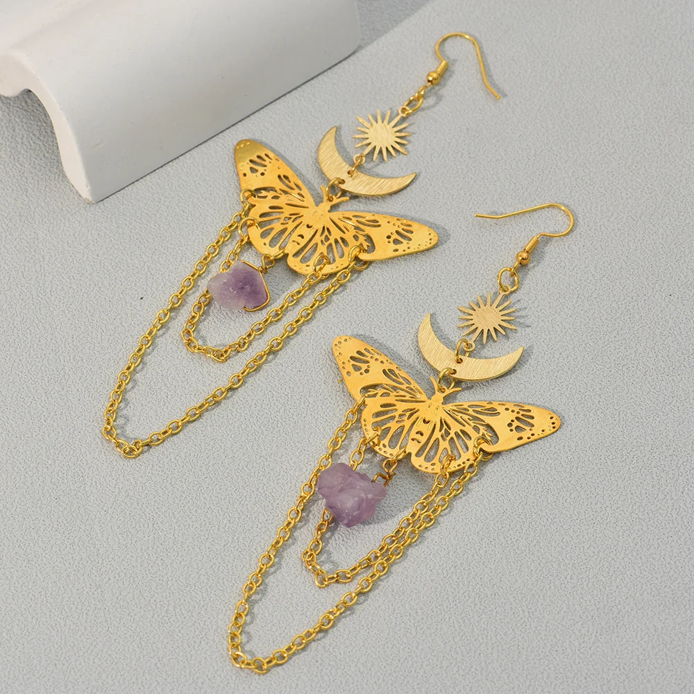 Amethyst Butterfly Sun Drop Earrings