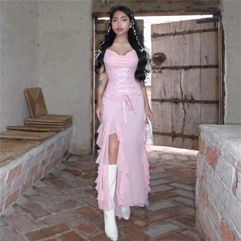 Coquette Lace Up Corset Maxi Dress