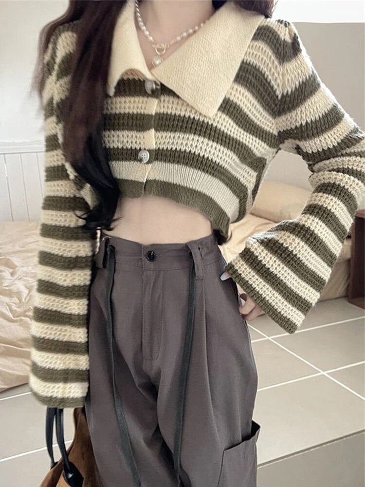 Retro Polo Striped Cropped Cardigan