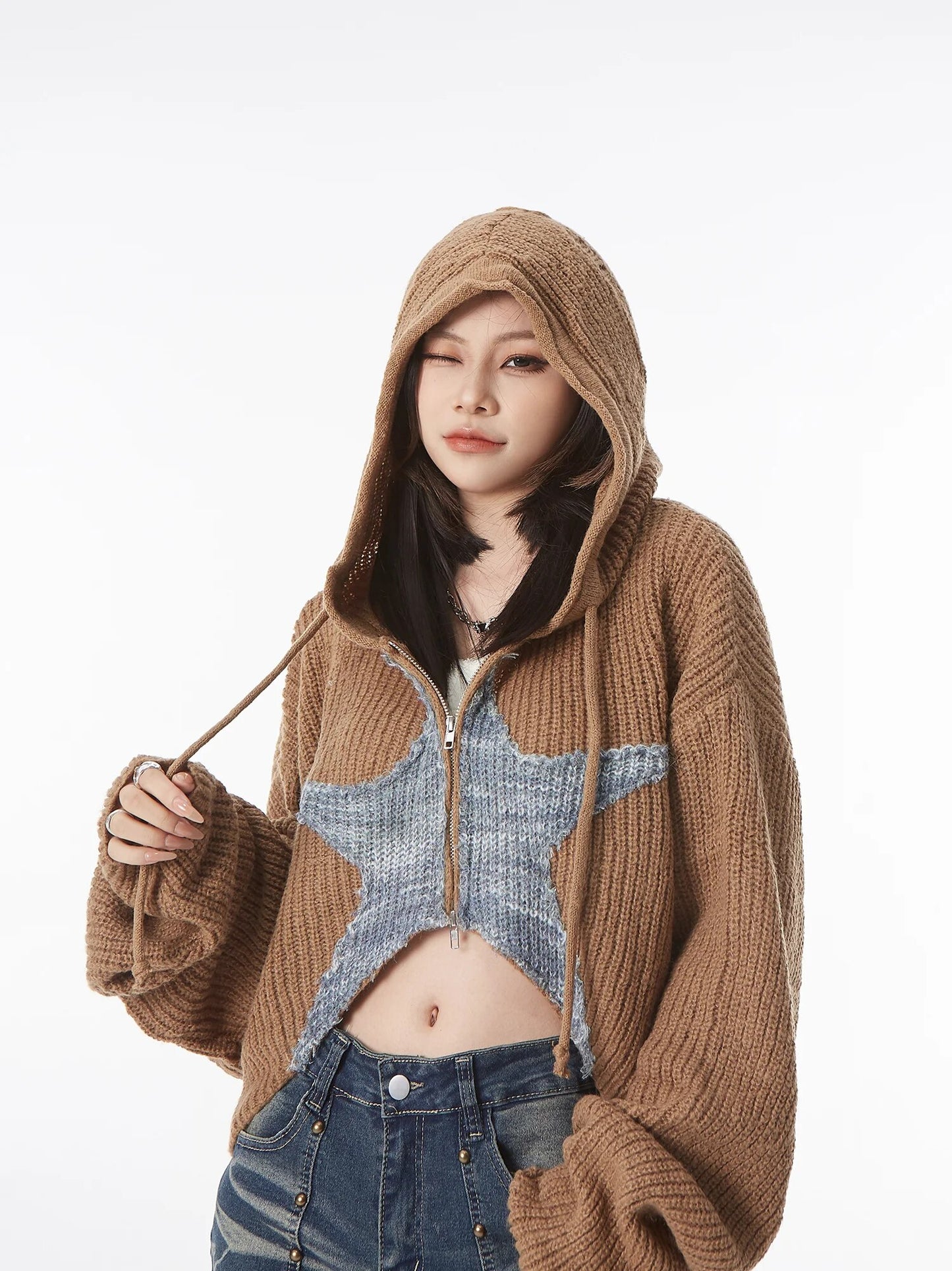 Star Girl Distressed Zip Up Knit Hoodie