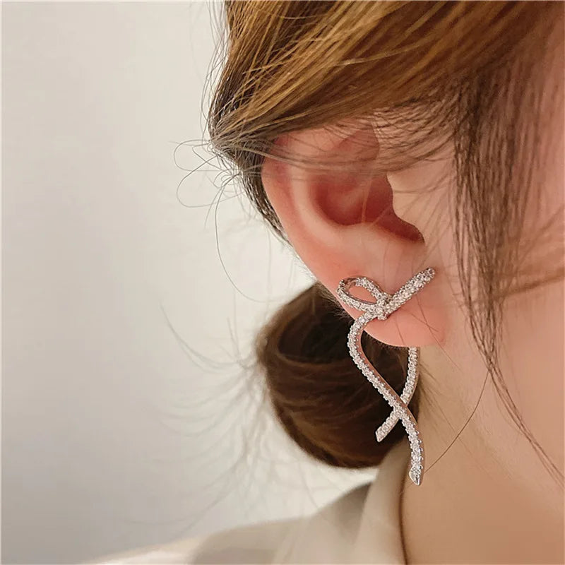 Silver Rhinestone Bow Drop Earrings