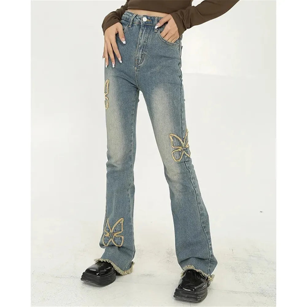 Y2K Butterfly Embroidery Flared Jeans