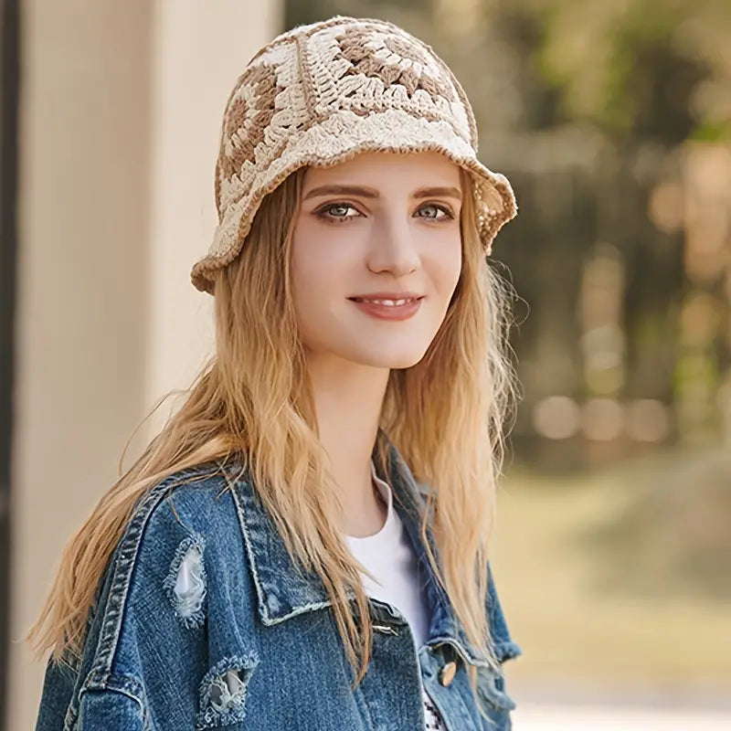 Neutral Flower Crochet Bucket Hat