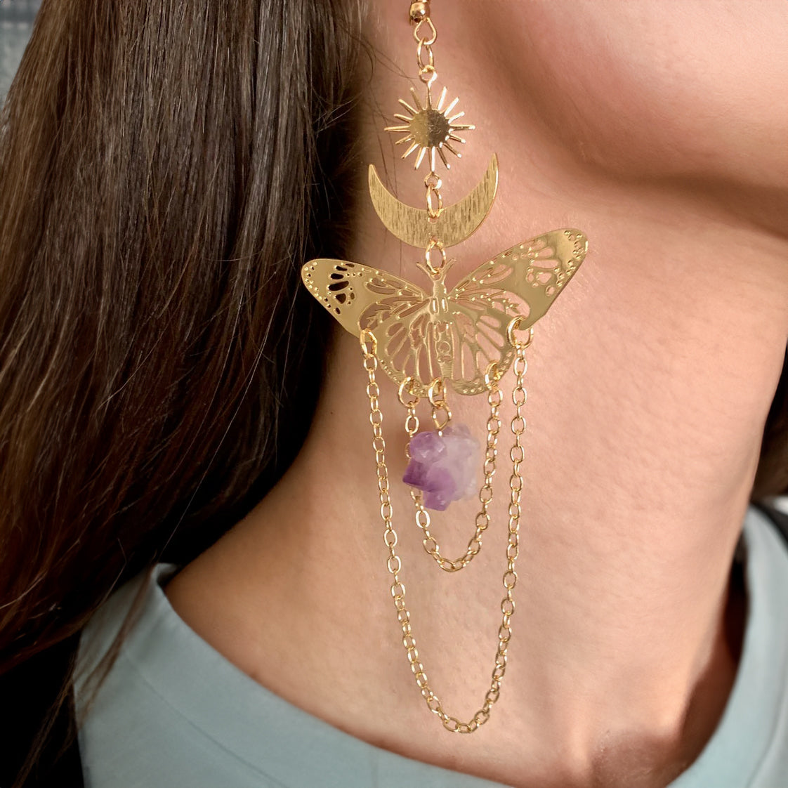 Amethyst Butterfly Sun Drop Earrings