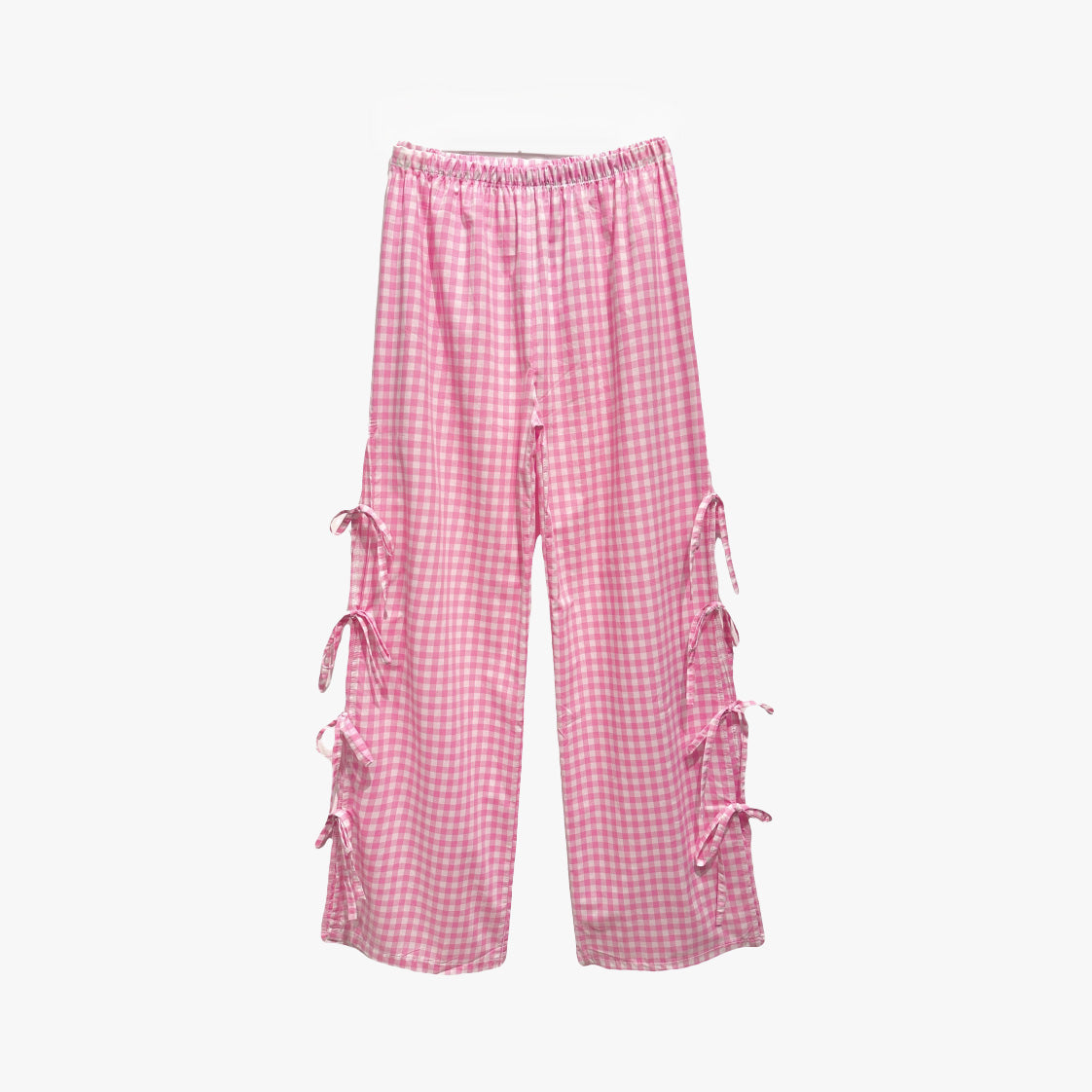 Gingham Wide-Leg Ribbon Tie-Up Pants