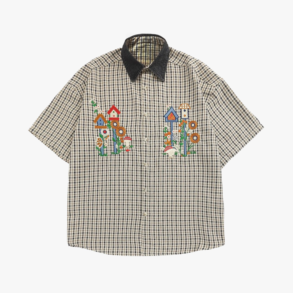 Retro Patchwork Denim Collar Shirt