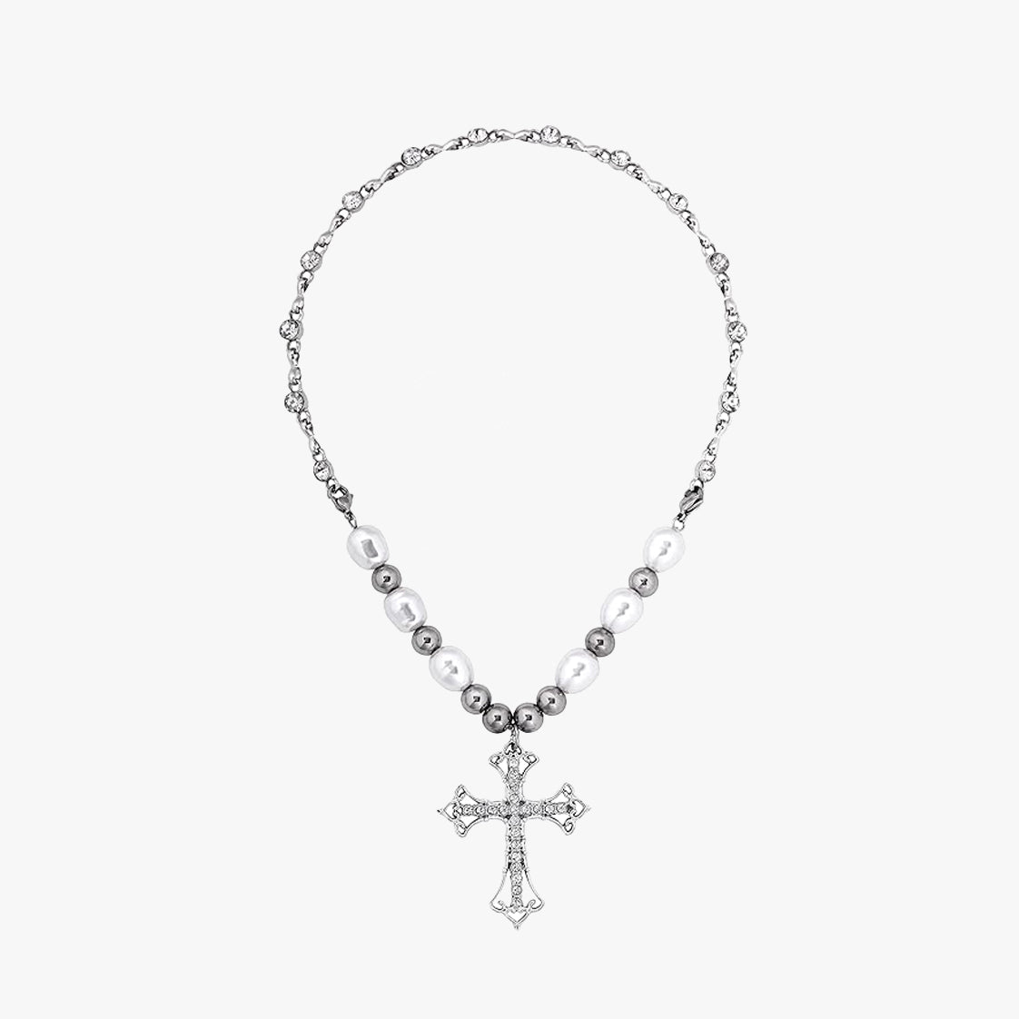 Moon Pearl Cross Silver Necklace