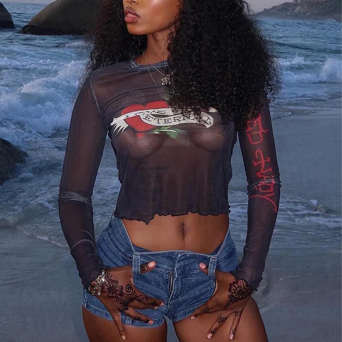 Streetwear Mesh Crew Neck Long Sleeve Top