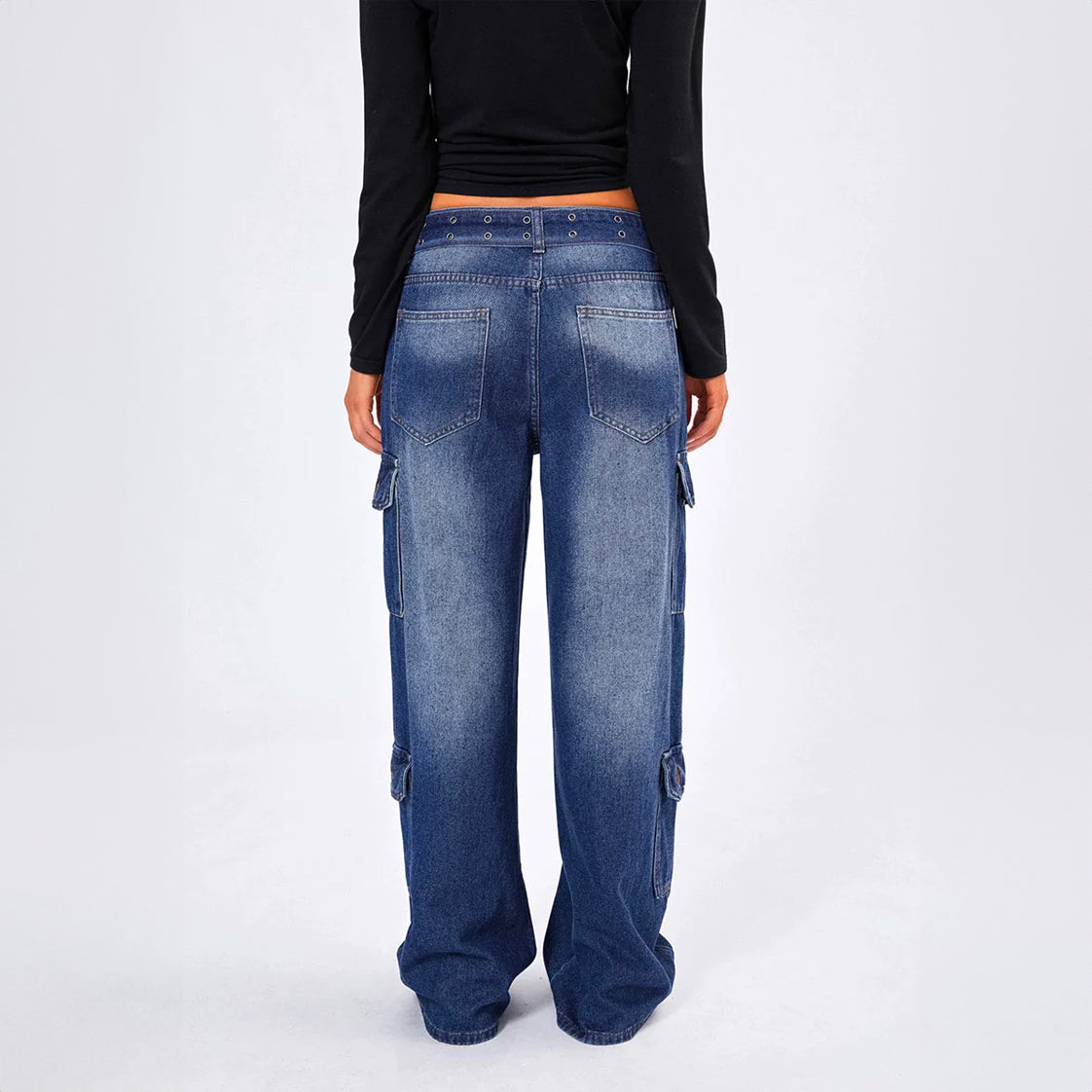 Y2k Blue Belted Denim Cargo Pants