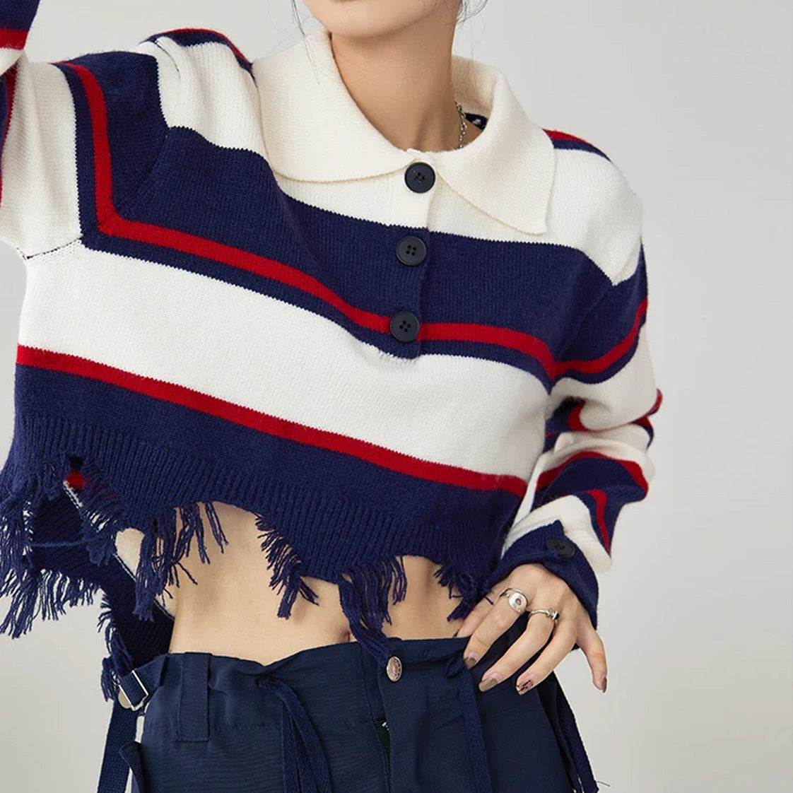 Korean Aesthetic Distressed Striped Knit Top
