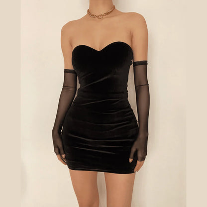 Black Mesh Sleeves Velvet Strapless Dress