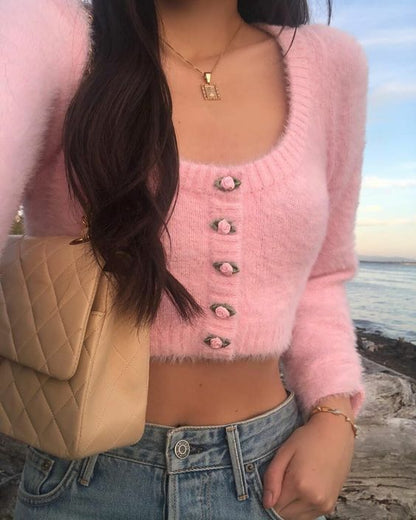 Vintage Rose Fluffy Cropped Cardigan