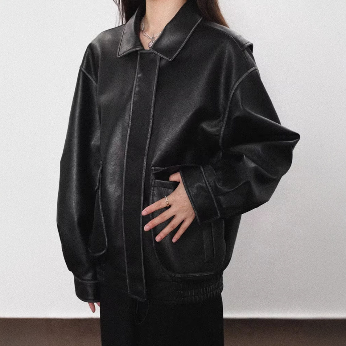 Vintage Distressed Oversized Faux Leather Jacket