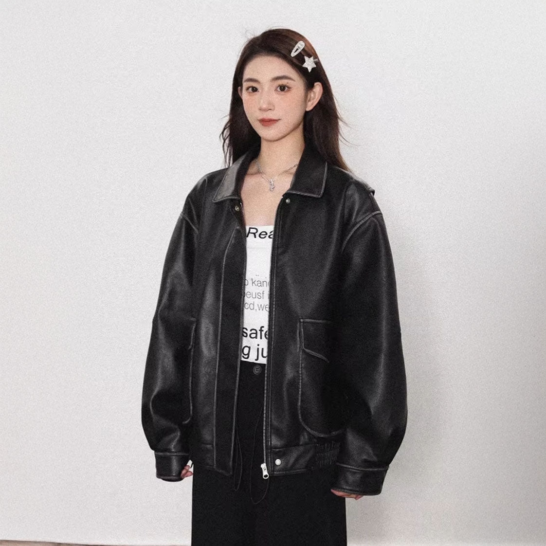 Vintage Distressed Oversized Faux Leather Jacket