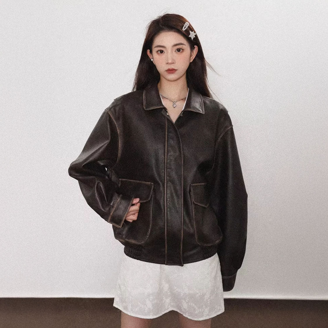 Vintage Distressed Oversized Faux Leather Jacket