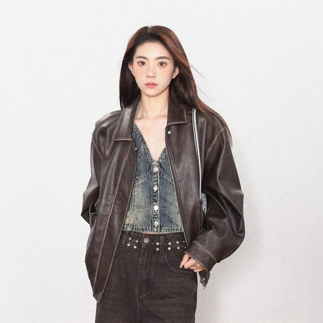 Vintage Distressed Oversized Faux Leather Jacket