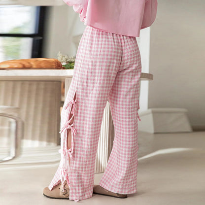 Gingham Wide-Leg Ribbon Tie-Up Pants