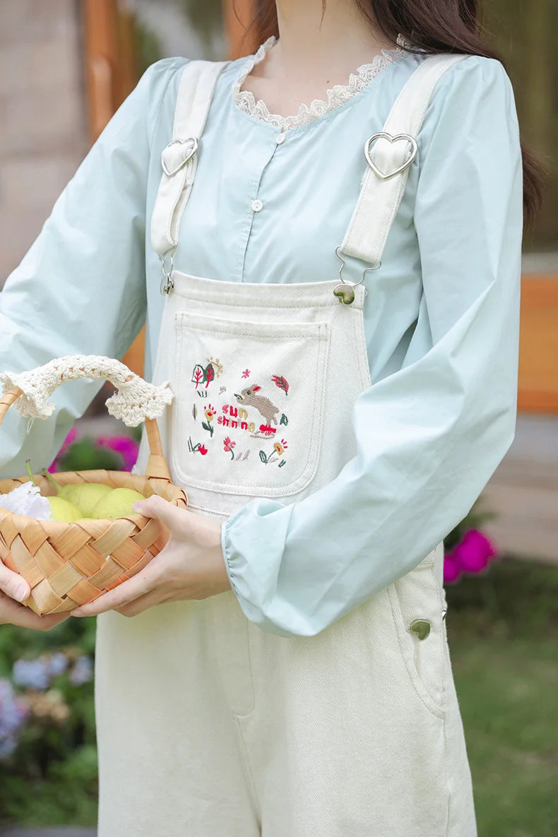 Spring Bunny Embroidered Denim Overalls