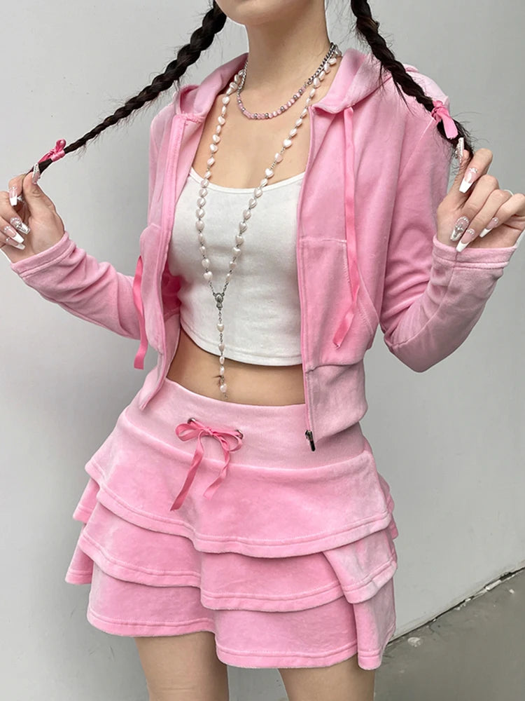 Sweetie Velvet Skirt Tracksuit Set