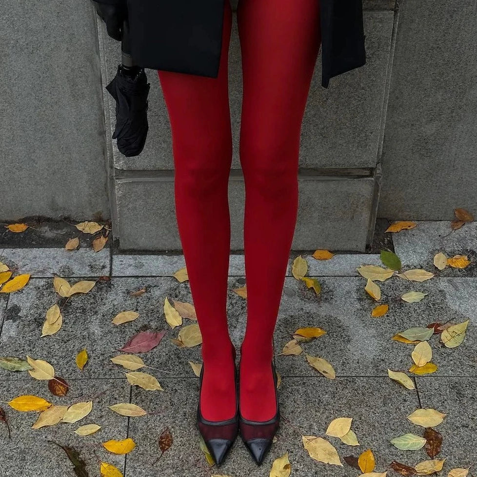 Cherry Red Velvet Solid Tights