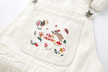 Spring Bunny Embroidered Denim Overalls