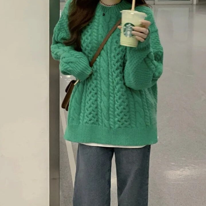 Green Chunky Cable Knit Sweater