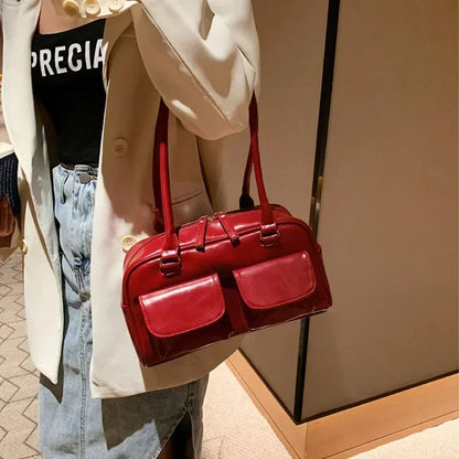 Retro Red Leather Shoulder Bag