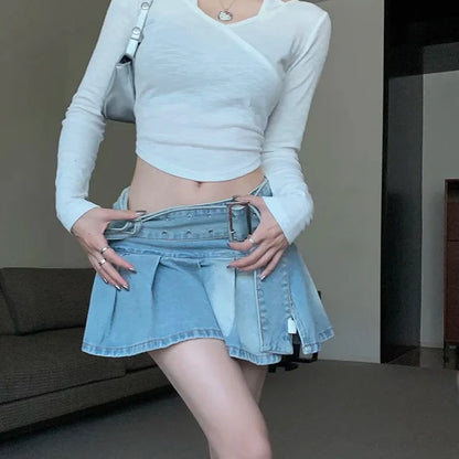 Y2k Belt Denim Pleated Mini Skirt