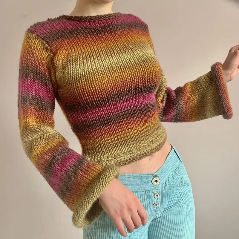 90s Patchwork Trumpet Sleeve Crochet Top