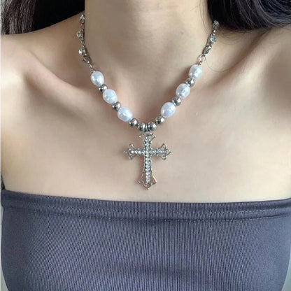 Moon Pearl Cross Silver Necklace