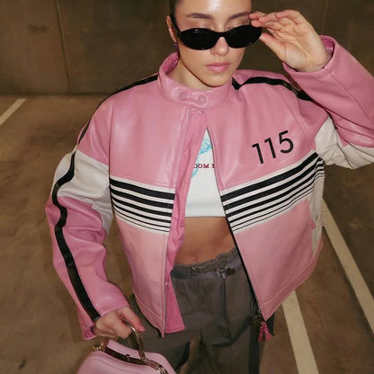 Y2K Striped Pink Biker Jacket