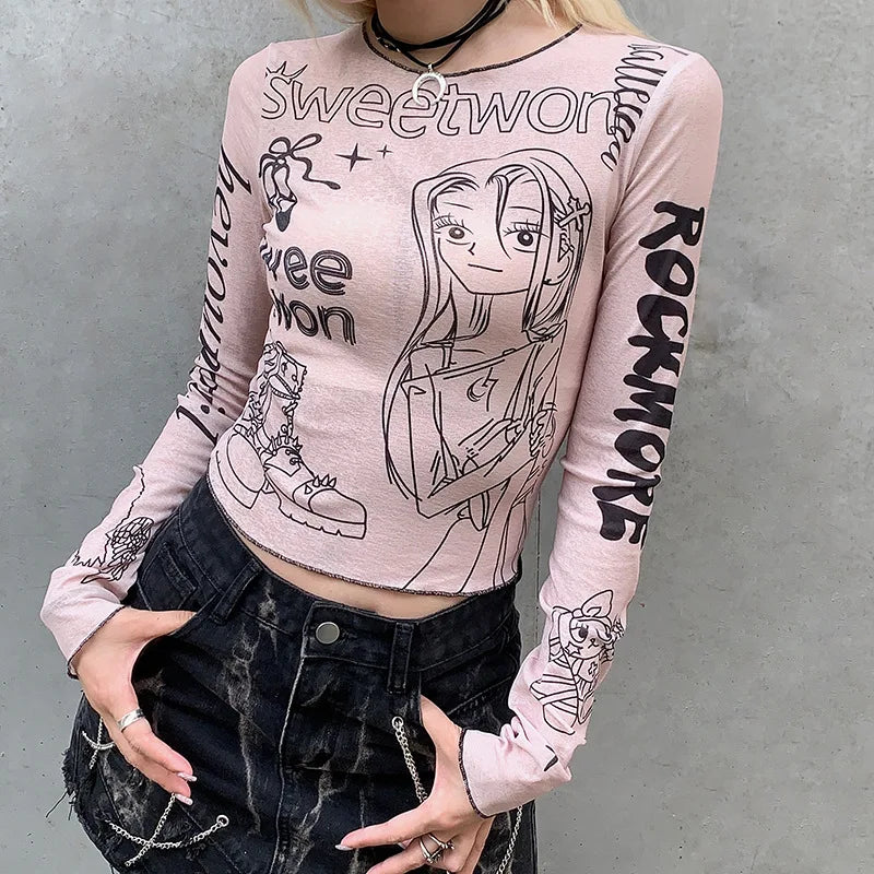 Grunge Anime Printed Long Sleeve Top