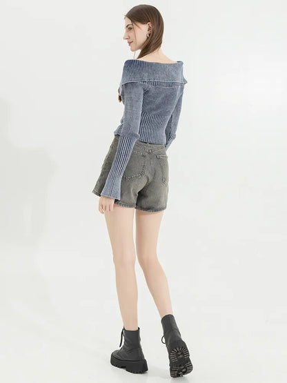 Lapel Zip-Up Knitted Top
