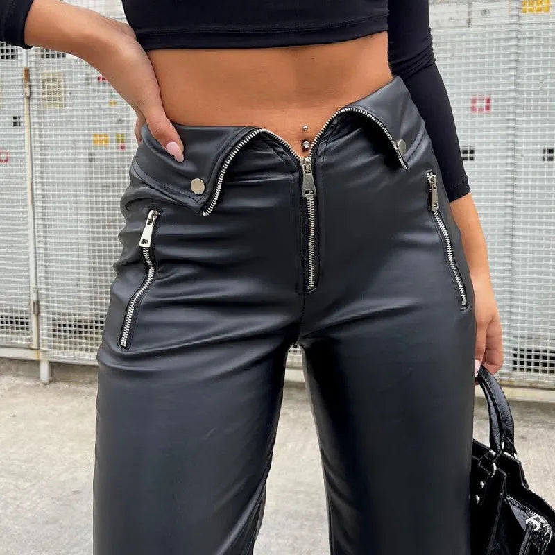 PU Leather Zip Up High Rise Pants