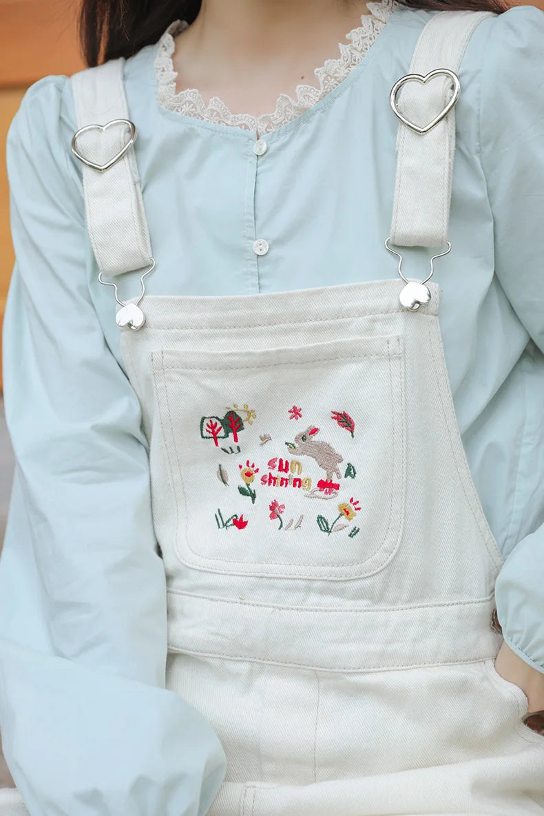 Spring Bunny Embroidered Denim Overalls