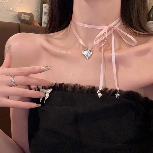 Ribbon Heart Silk Pendant Necklace