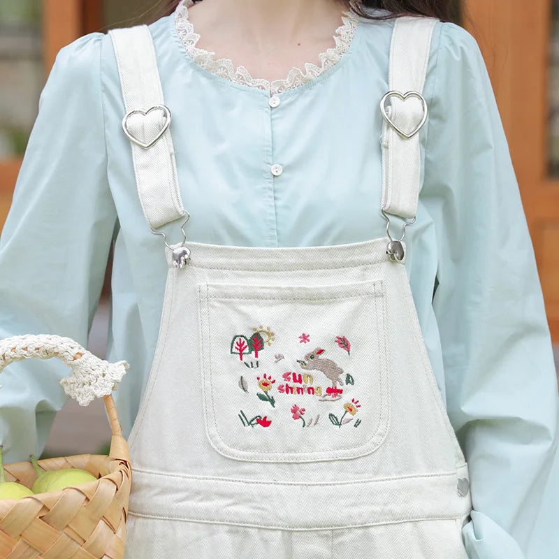 Spring Bunny Embroidered Denim Overalls