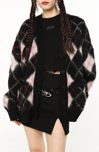 Argyle Jacquard Loose Fuzzy Cardigan