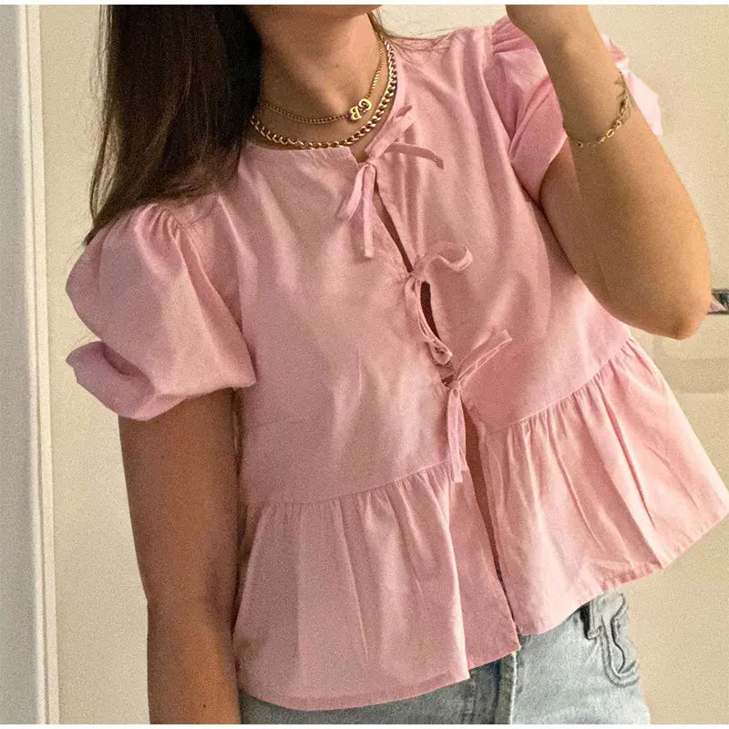 Soft Girl Bow Lace Up Puff Sleeve Blouse