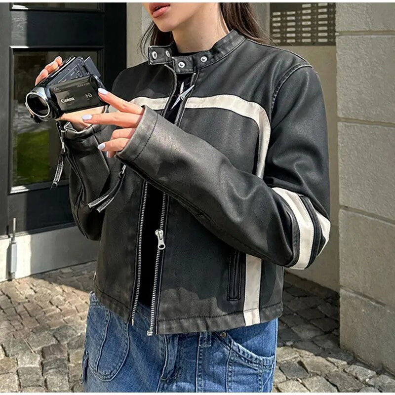 Striped Biker Leather Vintage Jacket